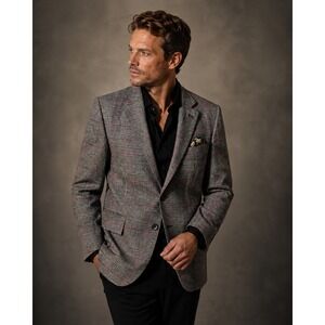 Tallia Mens 44R 100% Wool Blazer Grey Red Glen Plaid Jacket Dinner Dress NWT